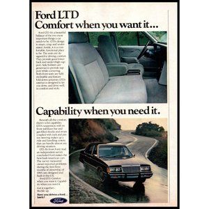 1984 Ford LTD Sedan Vintage Print Ad Wet Rainy Curvy Highway Interior Wall Art